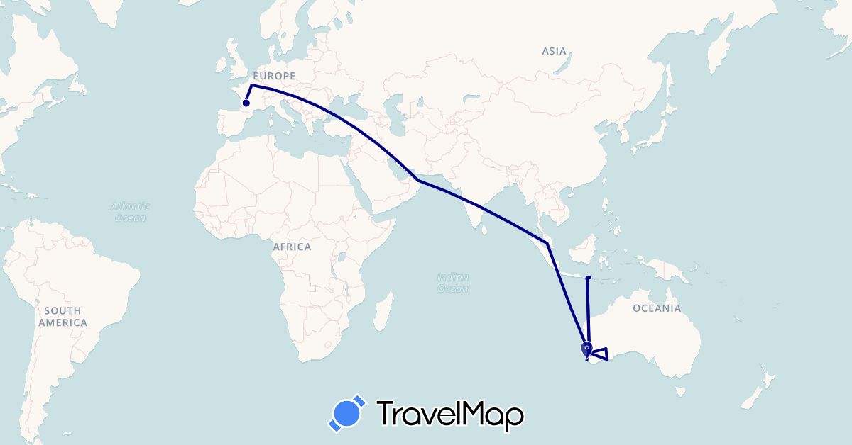 TravelMap itinerary: driving in Australia, France, Indonesia, Malaysia, Oman (Asia, Europe, Oceania)